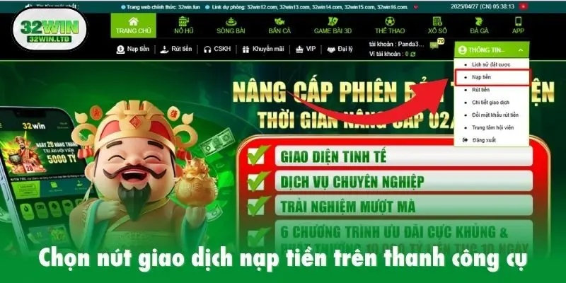 Chọn nút giao dịch nạp tiền trên thanh công cụ