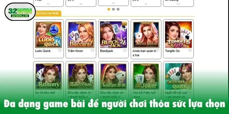 Đa dạng game bài để người chơi thỏa sức lựa chọn
