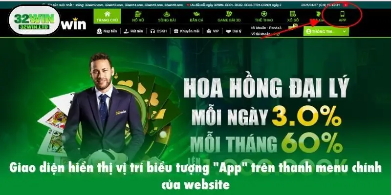 Giao diện hiển thị vị trí biểu tượng "App" trên thanh menu chính của website